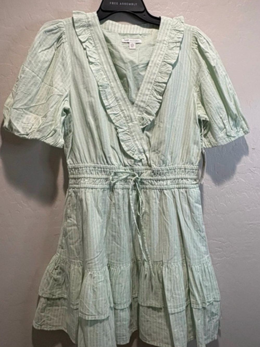 Free Assembly Light Mint Stripe Mini Dress with Ruffle V-Neck
